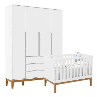 Imagem de Berço Americano Unique E Guarda Roupa 4 Portas Nature Clean Branco Soft Eco Wood – Matic