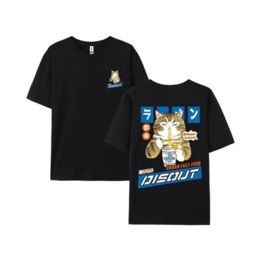 Imagem de Camiseta Unissex Oversized Com Estampa De Gato E Noodles Estilo Haraju