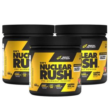 Imagem de 3x Pre treino Nuclear Rush Cafeína Body Action Morango 100g -, Morango