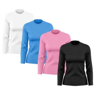 Imagem de Kit 4 Camisetas Feminina Manga Longa Dry Fit Básica Lisa Proteção Sola