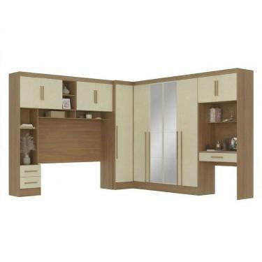Imagem de Guarda-roupa Modulado 4 Peças 11 Portas com Espelho, Cabeceira até 158cm e Escrivaninha Cinamomo/Off White