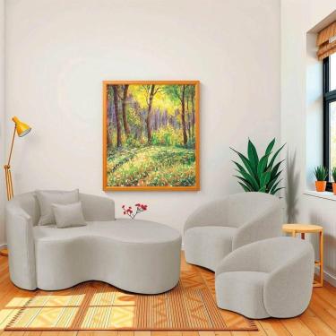 Imagem de Kit Recamier Curvo Sala De Estar 150cm Lado Direito E 2 Poltronas Orgânica Luxo Amore Linho Bege