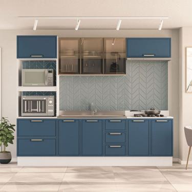 Imagem de Cozinha Completa Amara 10 Portas 4 Gavetas com Vidro 40250784 Azul/Branco - Politorno