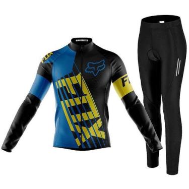 Imagem de Kit Camisa Ciclismo Fox Azul Longa Com Calça Forro Espuma Bolso Reflet