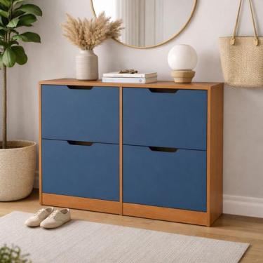 Imagem de Sapateira 24 Pares 4 Portas 110cm Madri Politorno Móveis, Freijó/Azul