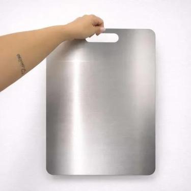 Imagem de Tábua De Corte Aço Inox 304 Higiênica 46x30cm Anti Mofo Alça Lisa Aço 