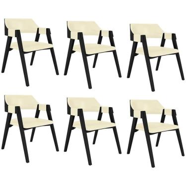 Imagem de Kit 6 Cadeiras Sala de Jantar e Jogos Poker Madeira Maciça Pu Offwhite Preto Gran Belo
