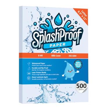 Imagem de SplashProof Papel para impressora - 21,6 cm x 28 cm, papel impermeável de 8 mil, compatível com impressora a laser e máquina de copiar (carta - 21,6 cm x 28 cm, 500 folhas)