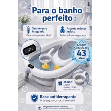 Imagem de Banheira retrátil 43 Litros Cor Cinza e Branco com termômetro, Assento