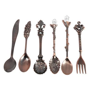 Imagem de 6 P?s/conjunto Colher Vintage Garfo Kit Retr? Estilo Real Colher de Ch¨¢ Liga de Zinco Metal Mini Colheres de Caf¨¦ e Garfo Cozinha Acess¨®rios de Frutas para Festa em Casa Bolo(red bronze),Garfo d,