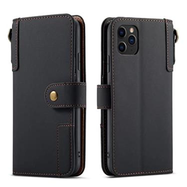 Imagem de GSYH Capa tipo carteira para iPhone 13/13 Pro/13 Pro Max, capa de couro legítimo com compartimentos para cartão, fecho magnético TPU à prova de choque com alça de pulso flip capa, preta, 13 Pro max 17 cm