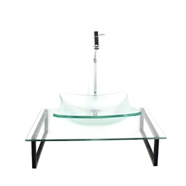 Imagem de KIT CUBA DE VIDRO QUADRADA 10MM COM TAMPO 50CM INCOLOR E SUPORTE PRETO