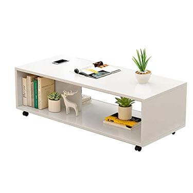 Imagem de Mesa de centro simples design retangular mesa de centro, mesa de chá de 2 camadas moderna mesa de centro lateral com rodas para sala de estar mesas de canto brancas