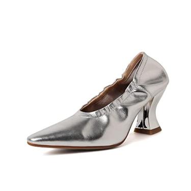 Imagem de TinaCus Sapato feminino de couro genuíno feito à mão com bico fino elástico e salto médio, Prata, 8