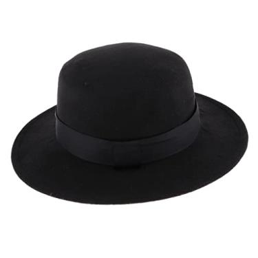 Imagem de Bonarty Chapéu Fedora sólido de feltro Jazz chapéu feminino masculino casamento inverno chapéu redondo, Preto, 56/58 cm