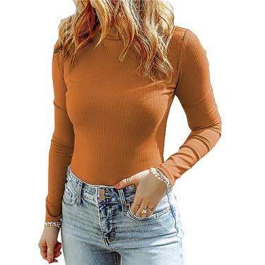 Imagem de Top feminino de gola alta manga comprida malha fina apertada primavera outono top slim fit com nervuras, Marrom, XXX-Large