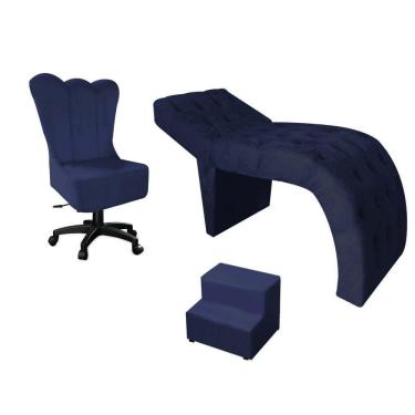 Imagem de Kit Maca Estética Com Cadeira Mocho Giratória E Escadinha Suede Azul Marinho - D House Decor