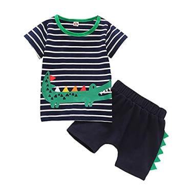 Imagem de Conjunto de presente para bebês meninas Leisur meninos crianças desenho animado crocodilos listrados camiseta infantil tops + bebê curto (azul-marinho, 3-4 anos)