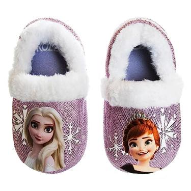 Imagem de Disney Pantufas femininas Frozen Elsa e Anna | Pantufas leves e quentes de pelúcia, Roxo, branco, 5-6 Toddler