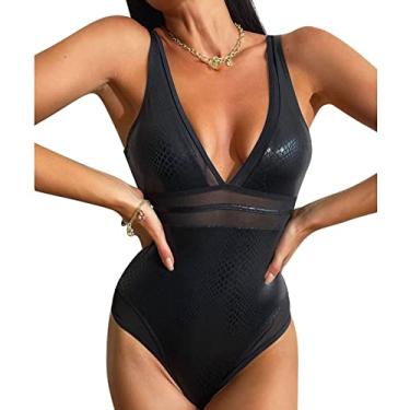 Imagem de Maiô Feminino, Padrões de Pele de Cobra, Cintura Alta, maiô Feminino de Uma Peça, Poliuretano, Decote Em V Profundo, Costas Em Formato de U, Com Almofadas No Peito para Cenas