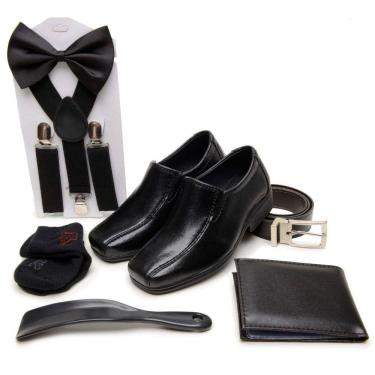 Imagem de Kit Pajem Casamento Sapato Social Infantil Cinto Carteira Suspensorio Gravata Borboleta Calçadeira Meia