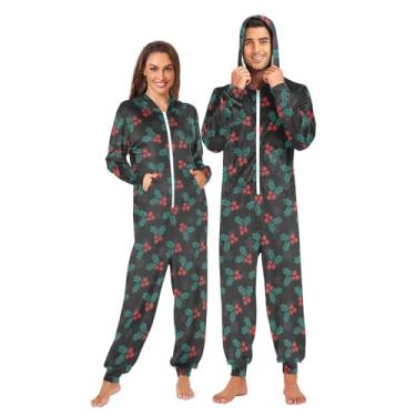 Imagem de JUNZAN Macacão de Natal com bagas azevinho pijama adulto para adultos fantasia engraçada com capuz roupa de dormir P, Bagas de Azevinho de Natal, G