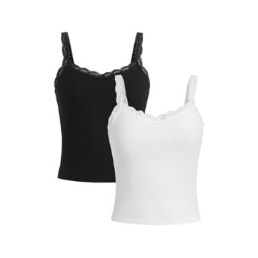 Imagem de MakeMeChic Camiseta feminina de 2 peças de renda sem mangas com alças finas e malha canelada, Preto e branco, 16 Anos