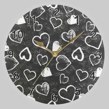 Imagem de CHIFIGNO Relógio redondo de coração preto branco de 25 cm, relógios de parede redondos operados por bateria decoração de parede de banheiro relógios de parede