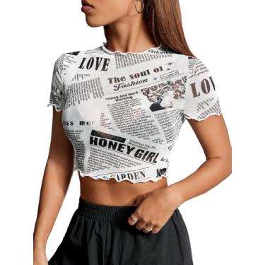 Imagem de WDIRARA Camiseta feminina de malha com estampa de jornal, acabamento de alface, manga curta, caimento justo, Y2k, Preto e branco, PP