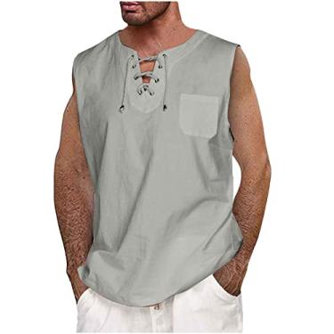Imagem de Coletes para homens verão outono sem mangas decote em V linho camiseta regata nó simples coletes masculinos 2024 Y2K, E-270 Cinza, 3G