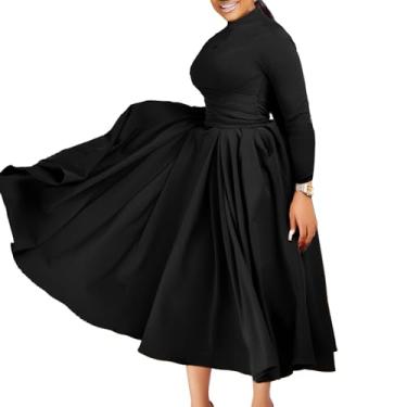 Imagem de Moda Feminina Plus Size Vestido Midi Africano Elegante Mangas Compridas Auto Gravata Cintura Alta Plissado Vestido Grande Balanço (Color : Black, Size : L)