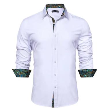 Imagem de Camisas masculinas de seda manga longa azul-petróleo sólido patch Paisley Slim blusa masculina Casaul lapela tops primavera outono, 0356, M