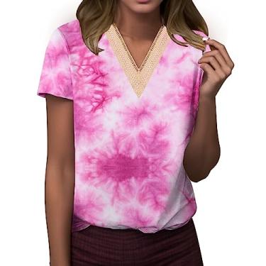 Imagem de Blusas femininas de malha de renda plus size manga curta Y2K blusas de algodão de verão camisas soltas túnica de trabalho, rosa, XXG
