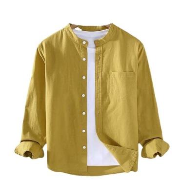 Imagem de Camisa masculina japonesa de algodão de linho fina, estilo Harajuku, gola alta, manga comprida, blusa casual respirável, Amarelo, XG