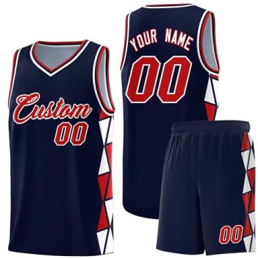 Imagem de Camiseta de basquete personalizada com shorts atléticos, roupa de treino esportiva leve personalizada para homens/jovens, Azul-marinho/vermelho-branco24, One Size