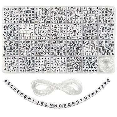 Imagem de TOAOB 1300 peças de contas brancas acrílicas do alfabeto cubo 6 mm contas classificadas de A a Z kit de miçangas com cordão elástico para fazer joias, pulseiras, colares, chaveiros