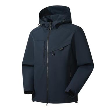 Imagem de Jaqueta masculina leve corta-vento Rip Stop capa de chuva casaco com capuz e cores contrastantes, Azul-escuro, 3G