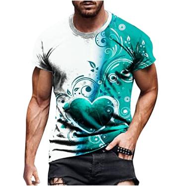 Imagem de Camiseta masculina de dia dos namorados com corações doces para treino, camisetas estampadas em 3D, camisetas masculinas de algodão, Azul, GG