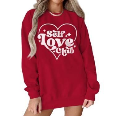 Imagem de KEKEMI Moletom feminino Dia dos Namorados Self Love Club Camiseta estampada retrô coração gráfico manga longa pulôver top, Vermelho - 60, GG