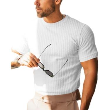 Imagem de Beotyshow Camisetas masculinas de malha canelada manga curta gola redonda slim fit stretch muscular camisetas básicas sólidas, Branco cremoso., 3G