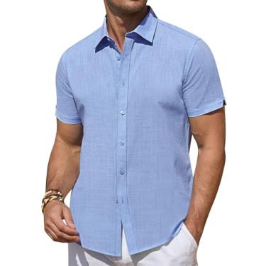 Imagem de DEMEANOR Camisas de linho masculinas de manga curta camisas de linho casuais com botões camisa havaiana verão praia para homens, Azul bebê, P