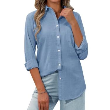 Imagem de siliteelon Camisa feminina de botões de linho com botões para mulheres, camisa social de manga comprida, blusa com colarinho, túnicas, Azul Denin, G