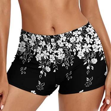 Imagem de Short feminino de cintura alta com estampa floral, tanquíni havaiano, calcinha de biquíni com controle de barriga, Preto, P