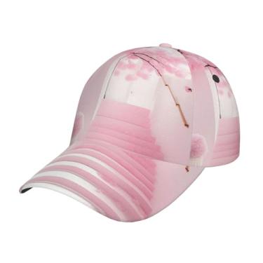 Imagem de Boné de beisebol de sarja com ajuste de tamanho ajustável boné baixo para homens mulheres rosa flor de cerejeira escadaria, Preto, One Size-Large