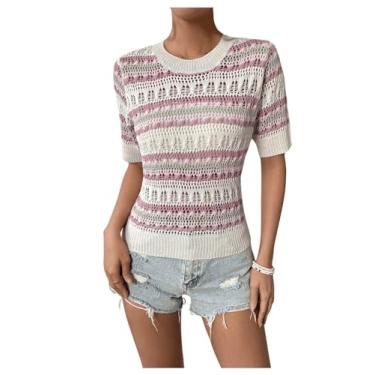 Imagem de MakeMeChic Camisetas femininas tricotadas com estampa de listras casuais, vazadas, gola redonda, manga curta, Multicor, P