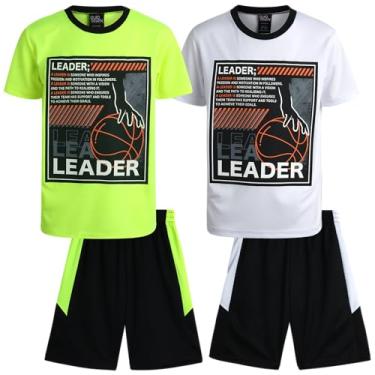 Imagem de Mad Game Conjunto de camiseta e short de manga curta para meninos de 4 peças, Líder verde/branco, 8-10
