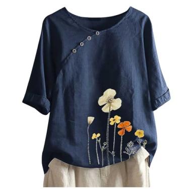 Imagem de Lainuyoah Camisetas femininas plus size gráfico moderno verão 2024 blusa gola redonda manga curta linho estampa floral, A - azul-marinho, XXG