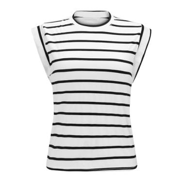 Imagem de Camisetas femininas de manga cavada, listradas, gola redonda, casual, básica, caimento solto, 2024, na moda, Prata, P