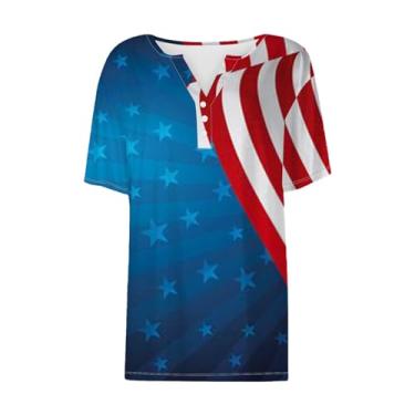 Imagem de Camiseta patriótica feminina fofa 4th of July Henley Neck Shirt Star Stipes camiseta bandeira americana, Azul escuro, G
