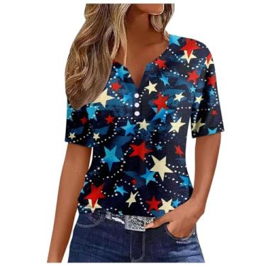 Imagem de Camisetas femininas patrióticas da bandeira americana de 4 de julho, estampadas, listradas, vintage, listradas, casuais, túnicas de botão, Branco, XXG
